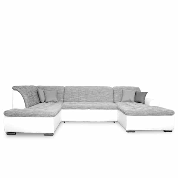 Canapé d'angle moderne en U, bicolore gris texturé et base blanche, avec coussins assortis, idéal pour un salon contemporain.