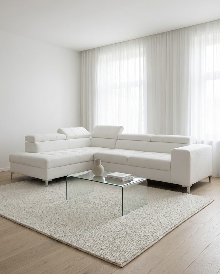Grand canapé d'angle blanc, salon minimaliste lumineux avec table en verre, tapis texturé et voilages blancs.