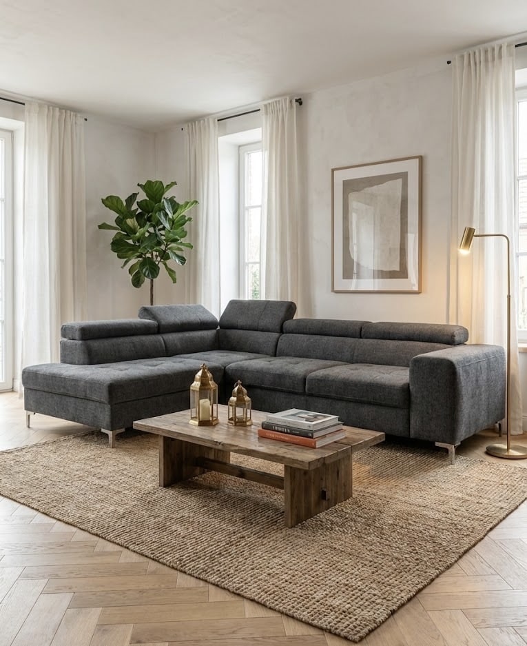 Canapé d'angle gris foncé, table basse en bois et tapis en jute dans un salon moderne lumineux avec plante verte.