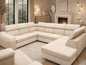 Canapé panoramique beige en U dans un salon moderne avec cheminée et grandes fenêtres lumineuses.