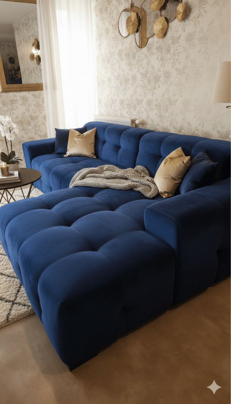 Canapé d'angle en velours bleu capitonné avec coussins dorés et plaid dans un salon à la déco élégante.