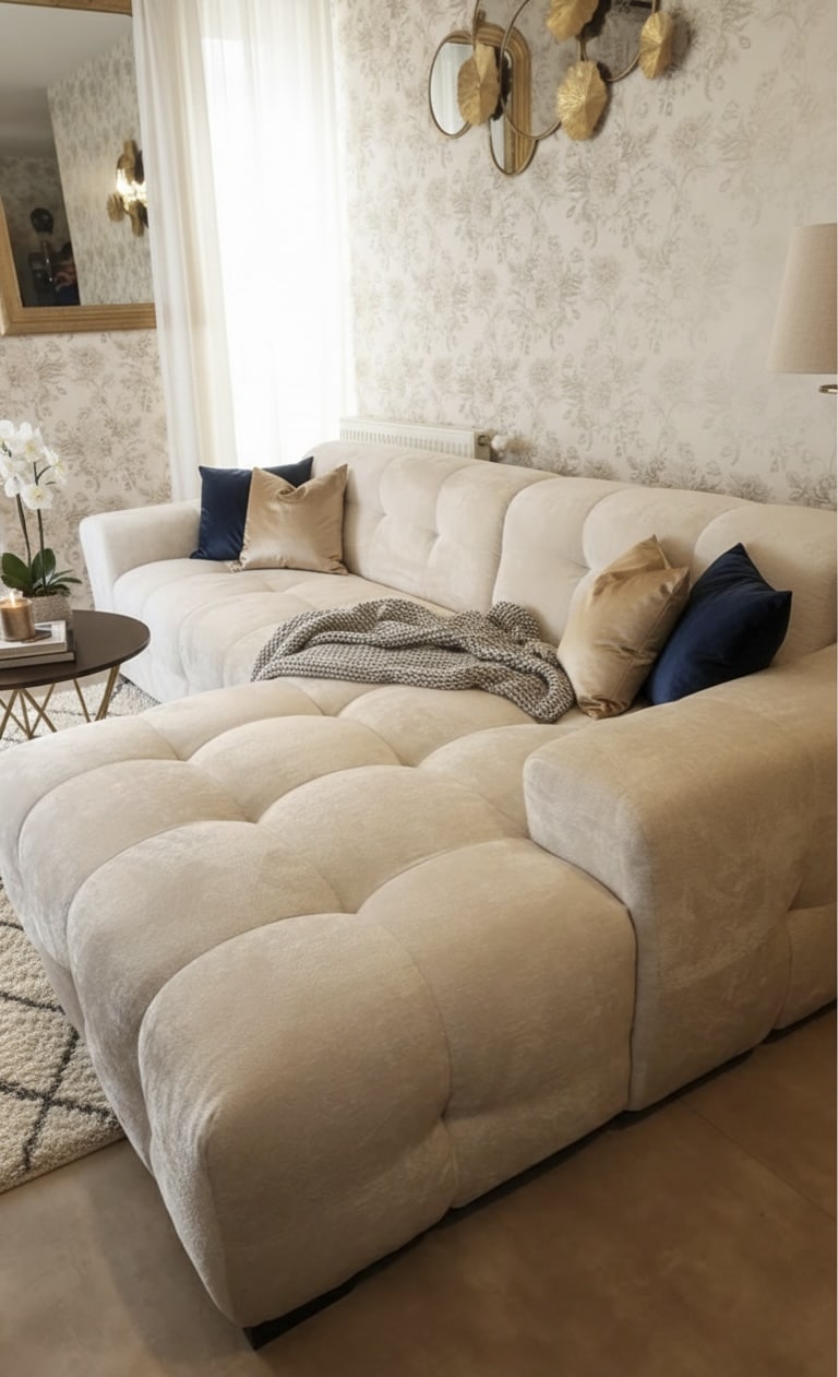 Canapé modulable crème capitonné dans un salon chic avec décoration murale dorée et coussins bleu marine et or.