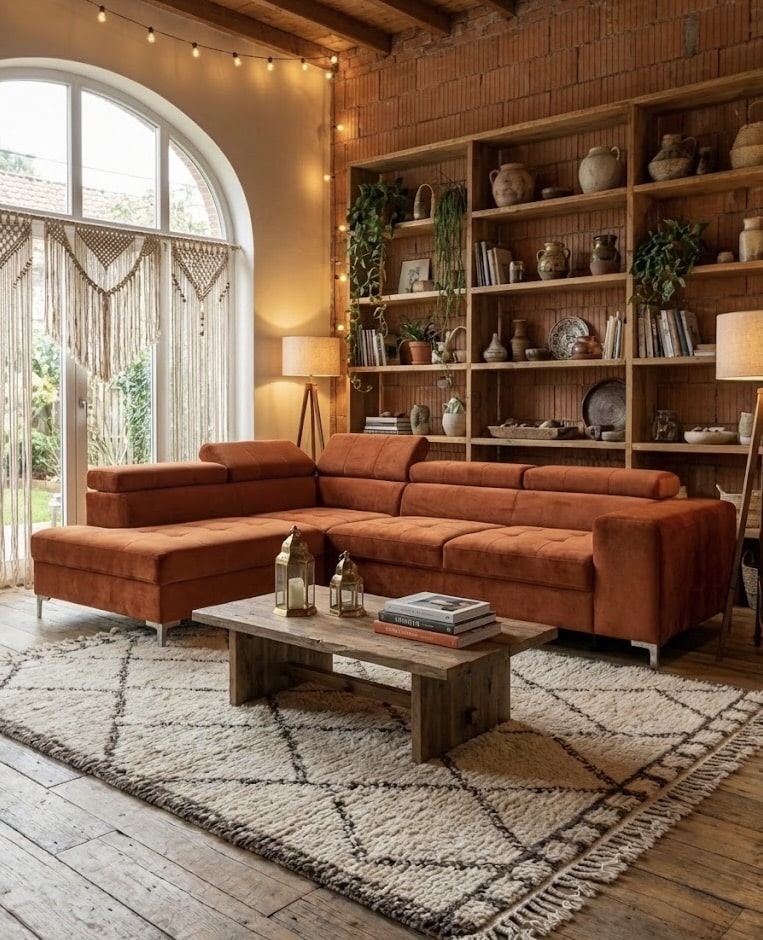 Salon chaleureux avec canapé d'angle orange brûlé, mur de briques, étagères en bois et déco bohème cocooning.