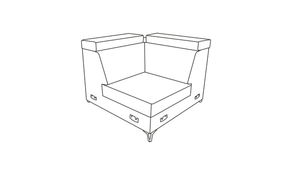 Dessin au trait d'un module de canapé d'angle rembourré, vu en perspective isométrique, avec pieds visibles et attaches latérales.