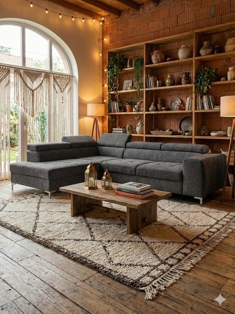 Salon chaleureux avec canapé gris, tapis berbère, mur de briques et étagères en bois décorées de plantes.