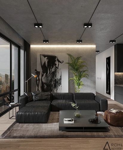 Salon moderne sombre avec canapé sectionnel noir en cuir, table basse carrée, grand tableau abstrait noir et blanc et éclairage sur rail.